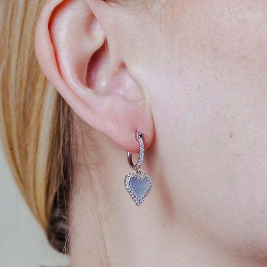 925 Sterling Silver Rhodium Plated Dangling CZ Heart with Mother of Pearl huggie hoop Earring