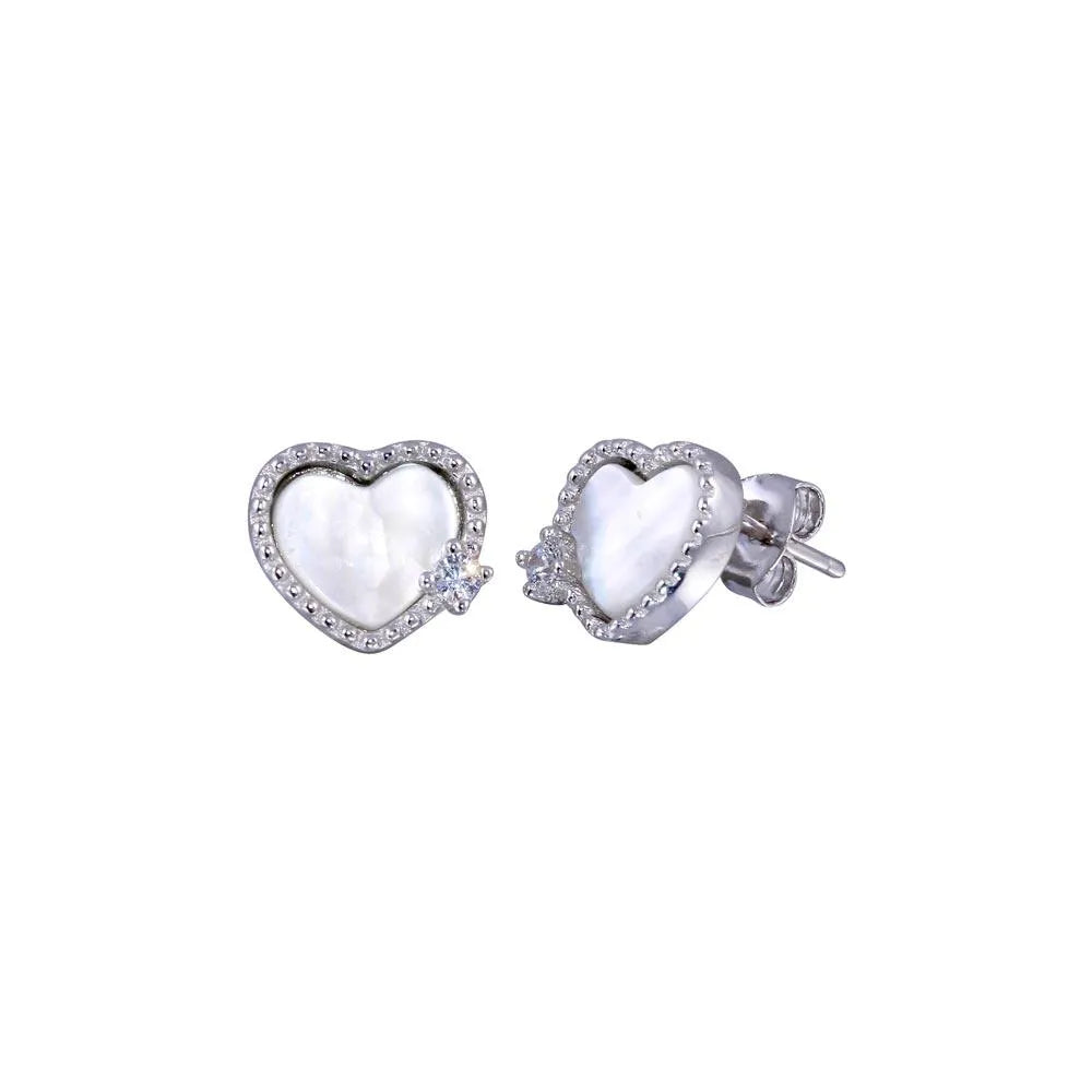 925 Sterling Silver Rhodium Plated CZ Mother Pearl Heart Stud Earring