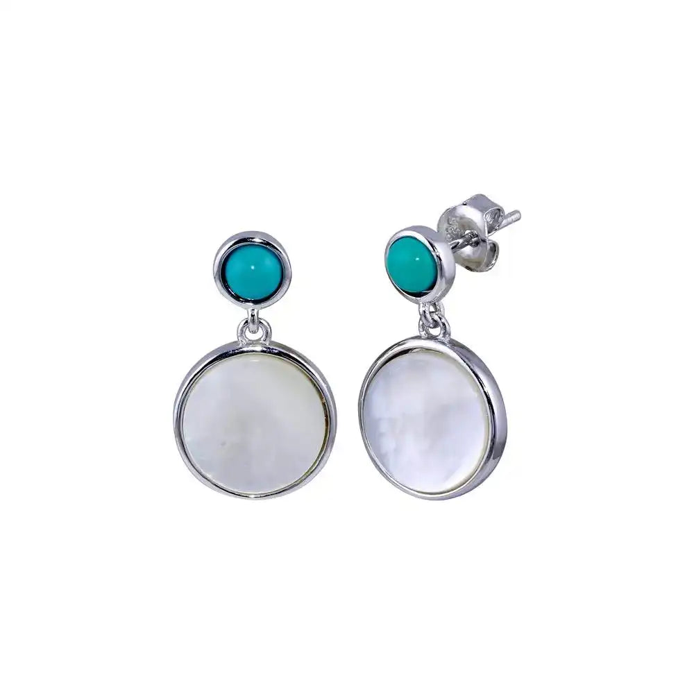 925 Sterling Silver Rhodium Plated Turquoise Stud Dangling MOP Earring