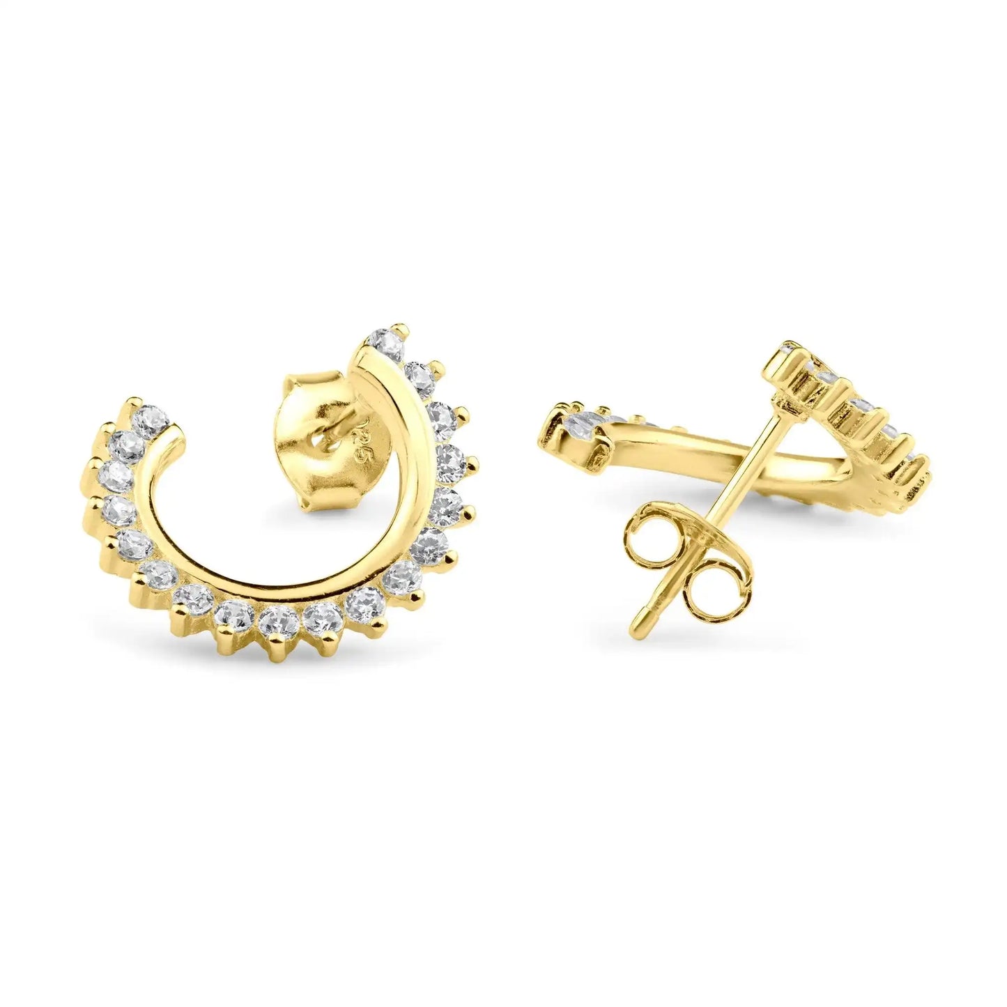 925 Sterling Silver Gold Plated Crescent Hoop Clear CZ Earring