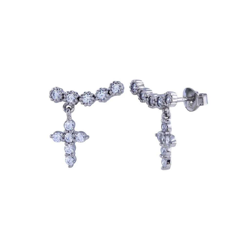 925 Sterling Silver Rhodium Plated CZ Dangling Cross Earring