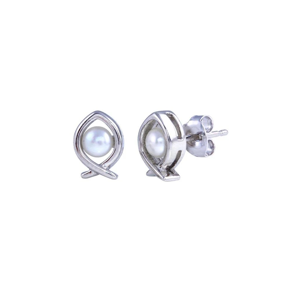 925 Sterling Silver Rhodium Plated Heart Pearl Fish Earring