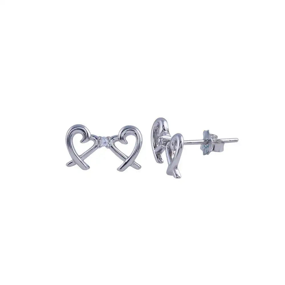 925 Sterling Silver Rhodium Plated Double Heart CZ Stud Earring