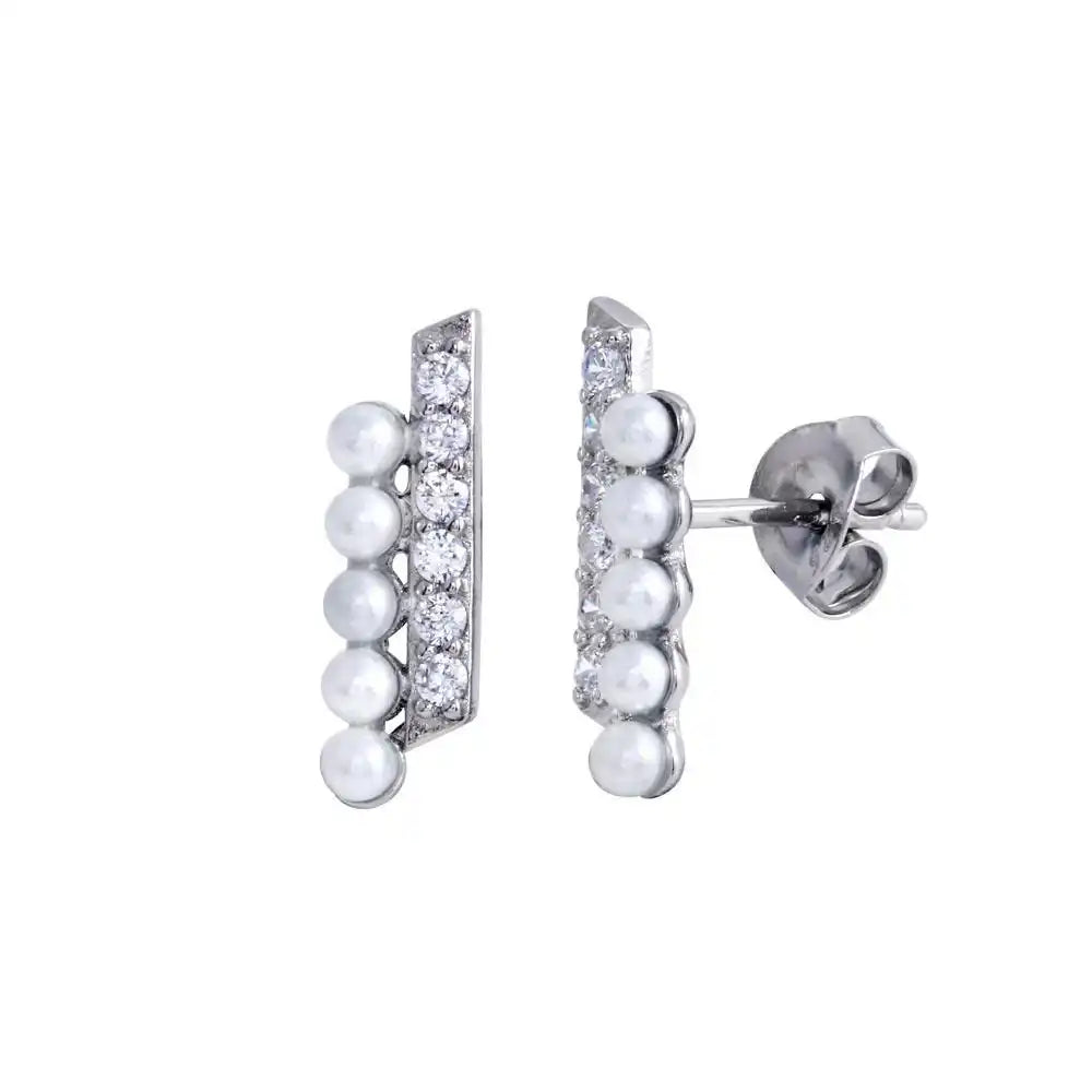 925 Sterling Silver Rhodium Plated Vertical Pearl and Clear CZ Earring