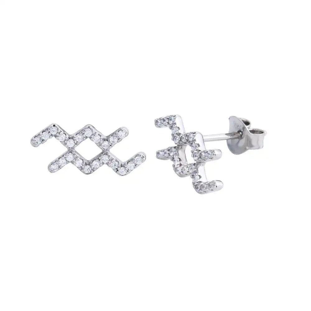 925 Sterling Silver Platinum Plated Aquarius CZ Zodiac Sign Earring