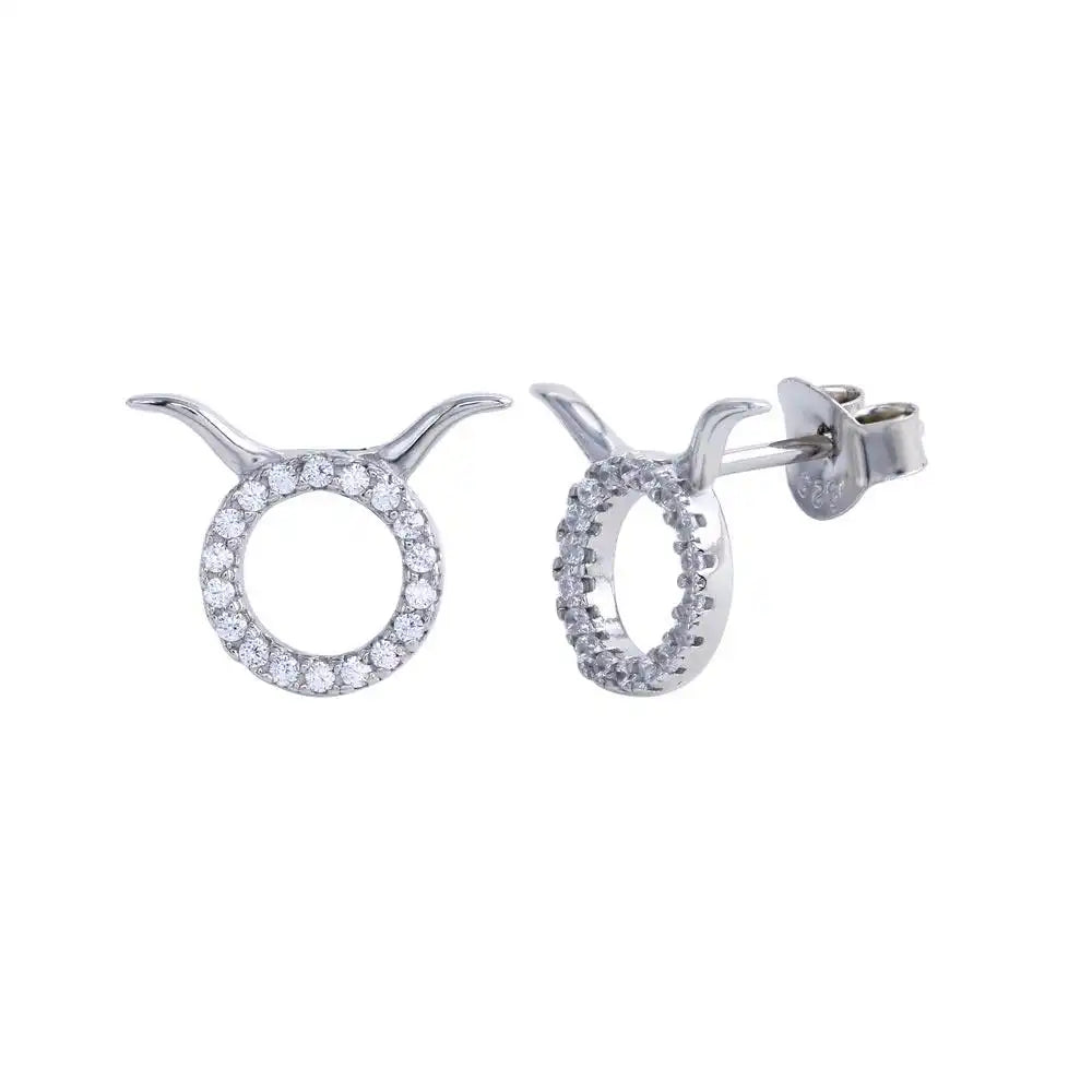 925 Sterling Silver Platinum Plated Taurus CZ Zodiac Sign Earring