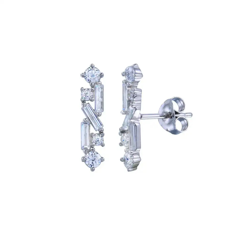 925 Sterling Silver Rhodium Plated Linear Baguette CZ Earring