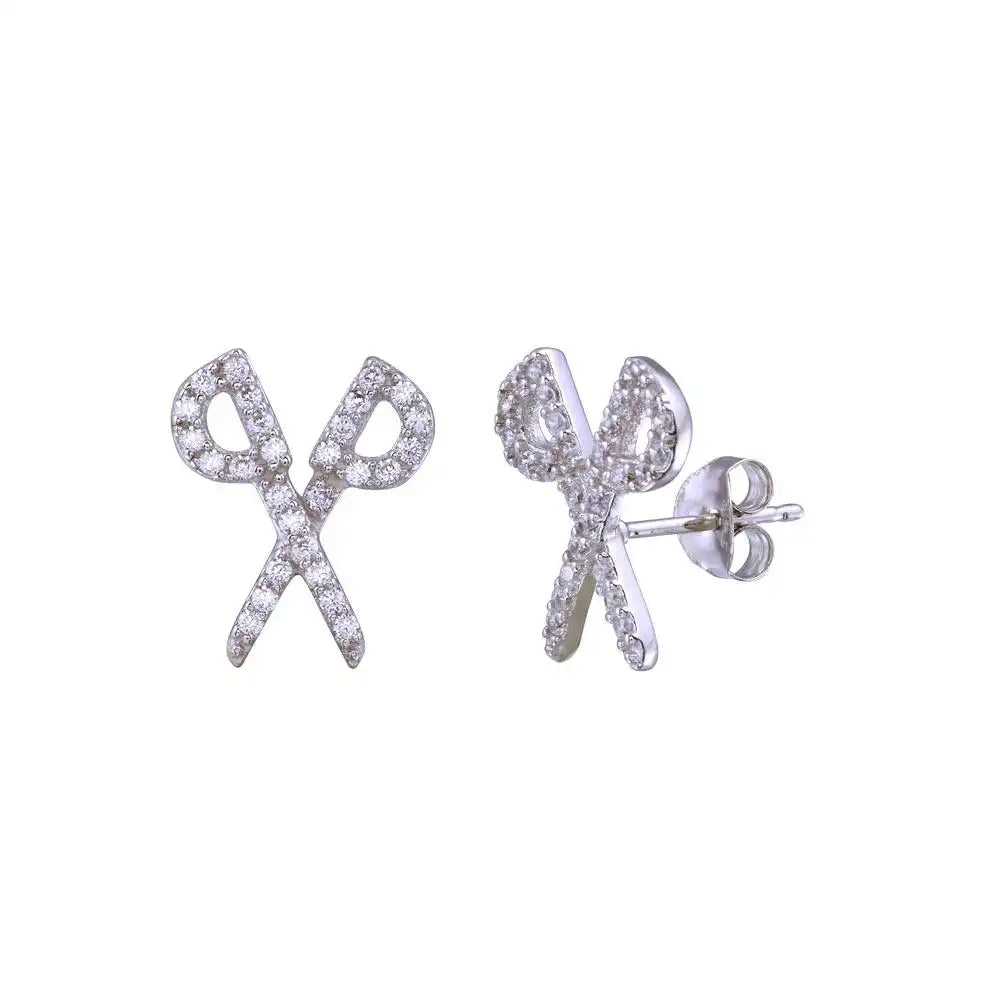 925 Sterling Silver Rhodium Plated CZ Scissor Earring