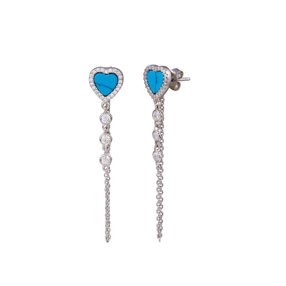925 Sterling Silver Rhodium Plated Dangling CZ Turquoise Heart Dangling Earring