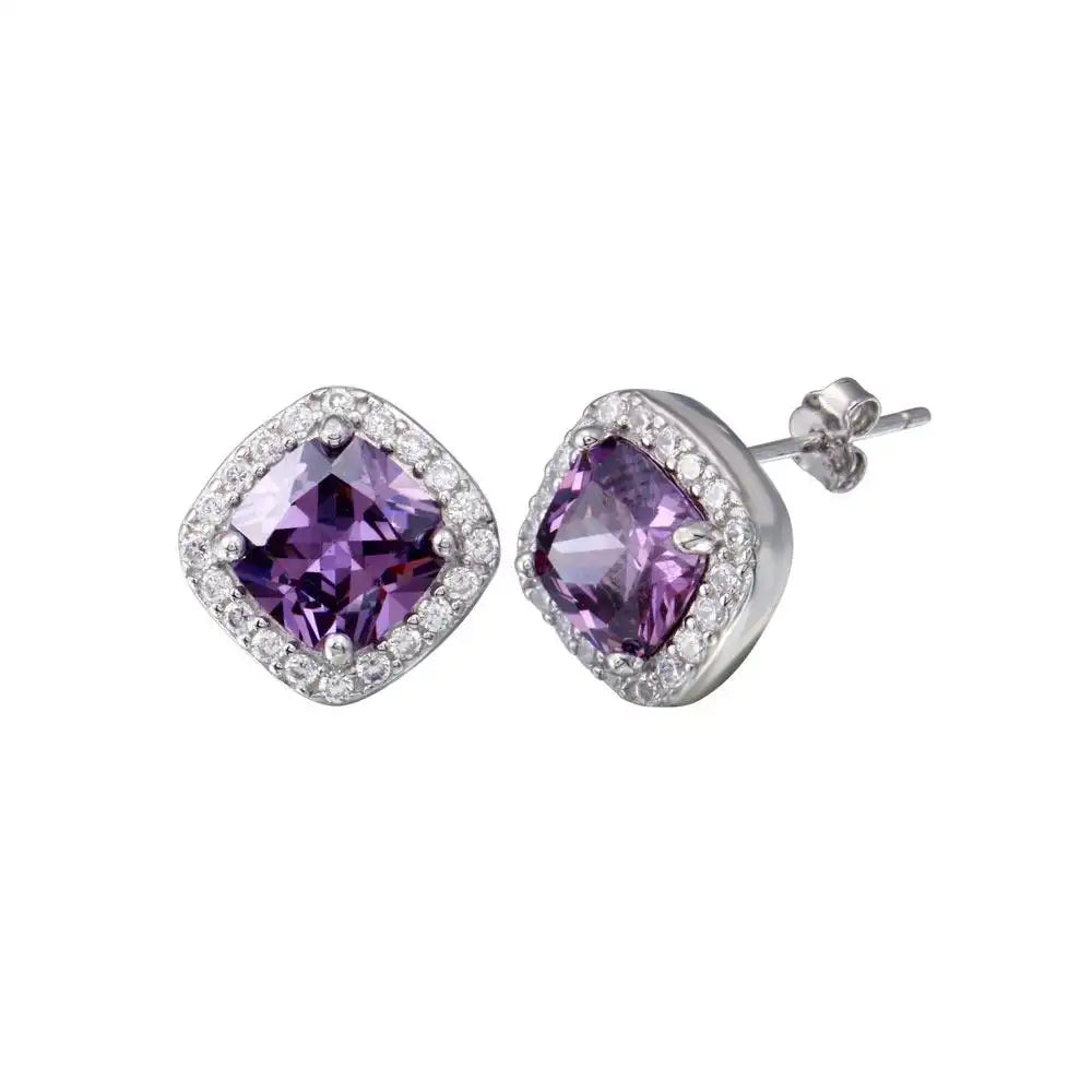925 Sterling Silver Rhodium Plated Square Amethyst Clear CZ Stud Earring