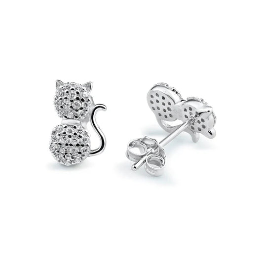 925 Sterling Silver Rhodium Plated Cat Clear CZ Stud Earring