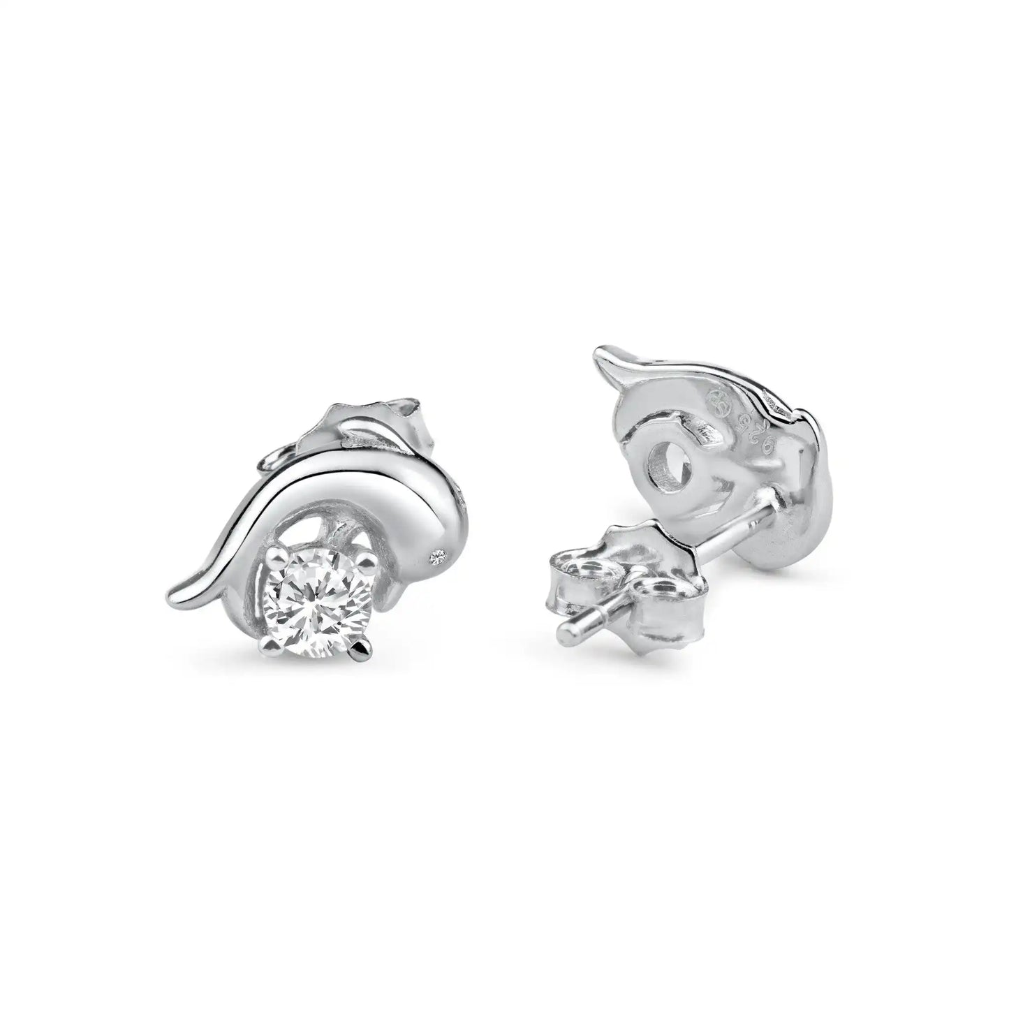 925 Sterling Silver Rhodium Plated Dangling CZ Dolphin Clear CZ Earring