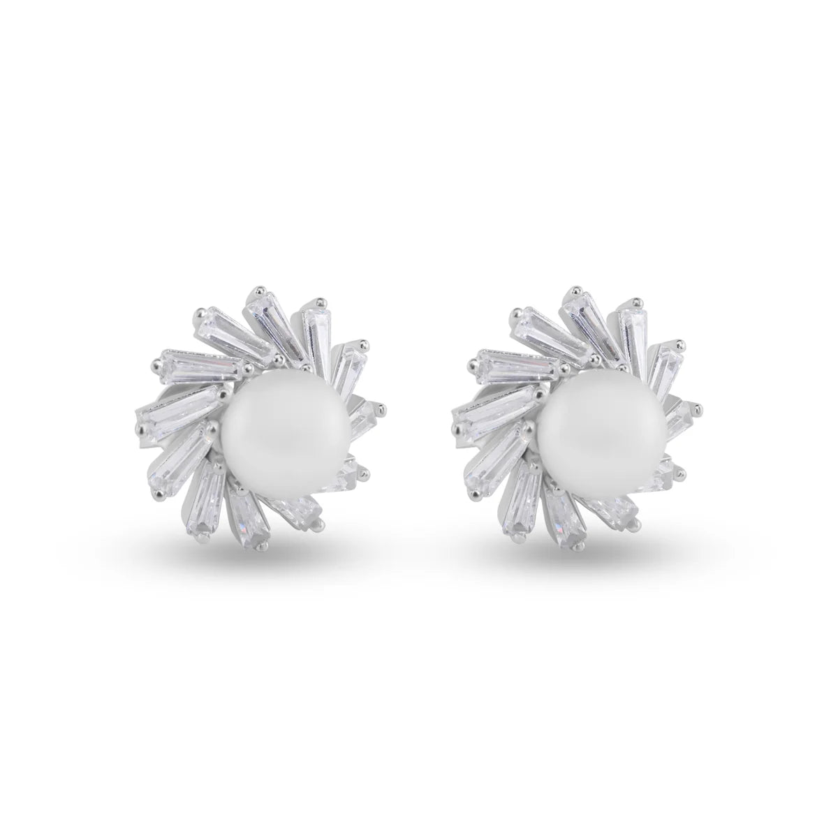 925 Sterling Silver Rhodium Plated Water Pearl Clear Baguette CZ Stud Earrings
