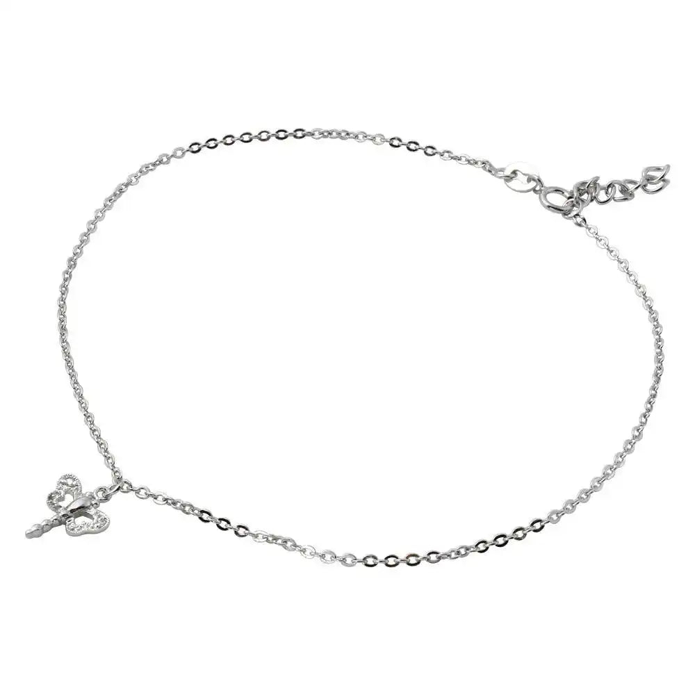 925 Sterling Silver Rhodium Plated Dangling Dragonfly Anklet with CZ
