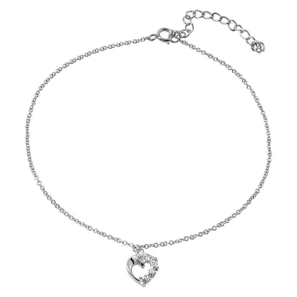 925 Sterling Silver Rhodium Plated Dangling Curved Open Heart with CZ Anklet