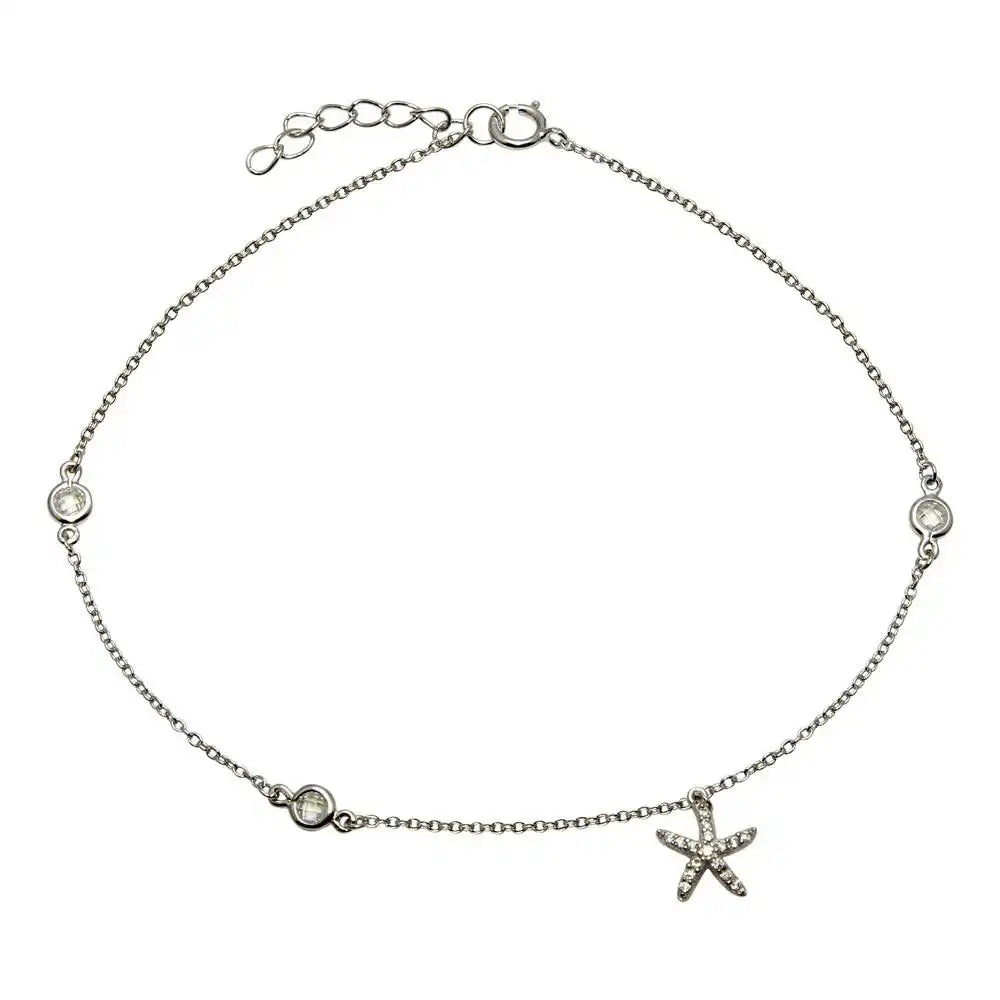 925 Sterling Silver Rhodium Plated Starfish Anklet with CZ