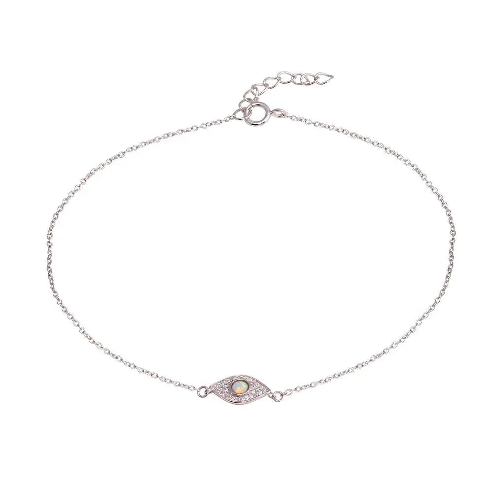 925 Sterling Silver Rhodium Plated Evil Eye CZ Opal Anklet