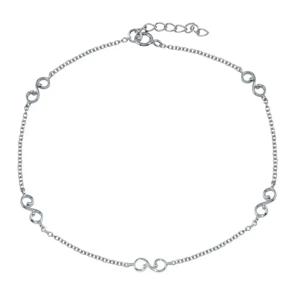 925 Sterling Silver Rhodium Plated Wave Link Anklet