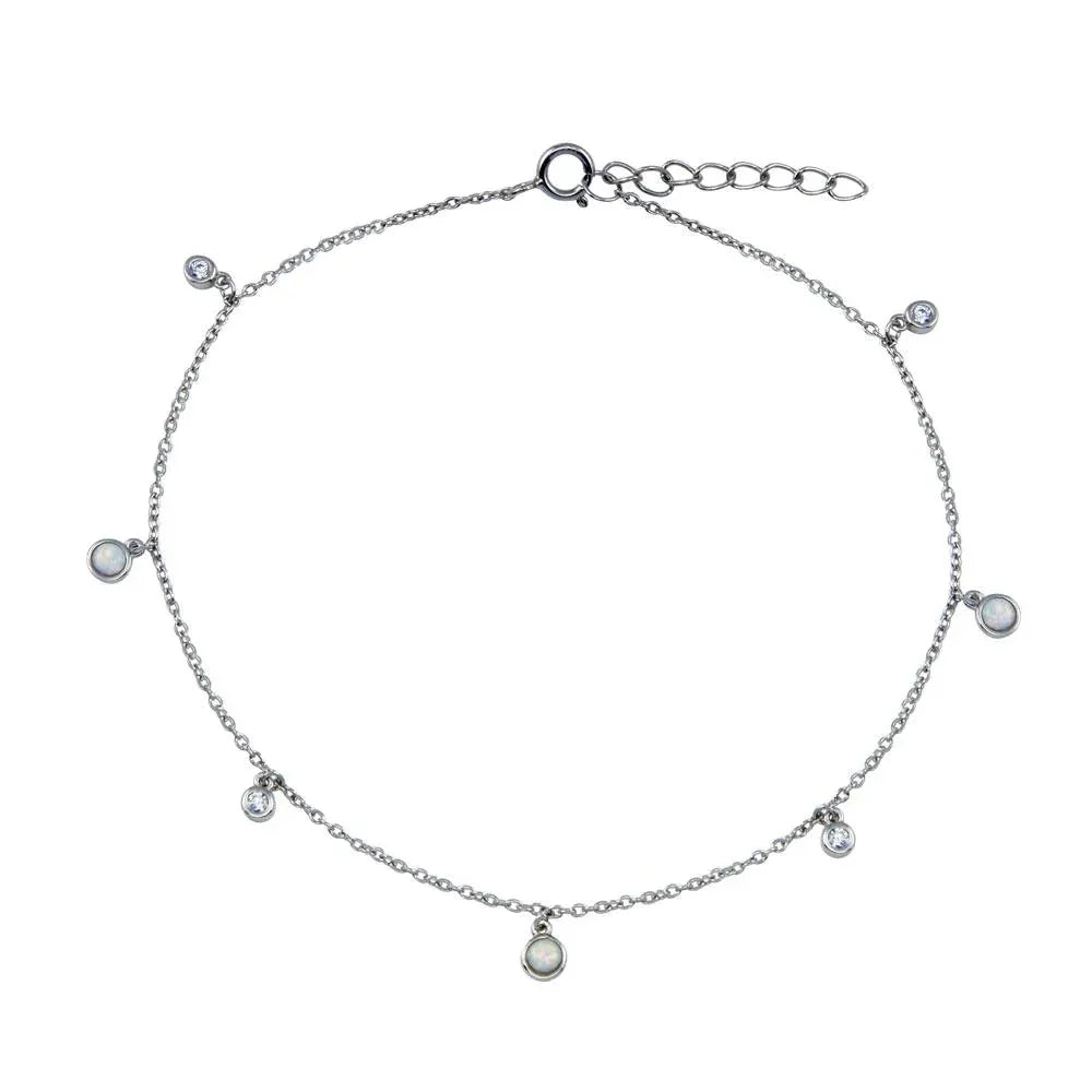 925 Sterling Silver Rhodium Plated Dangling CZ MOP Link Anklet