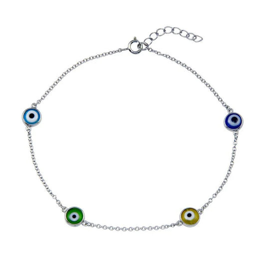 925 Sterling Silver Rhodium Plated Evil Eye Charm Anklet
