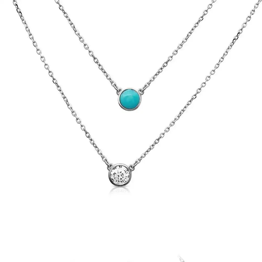 925 Sterling Silver Rhodium Plated 2 Stranded Necklace with Turquoise and CZ