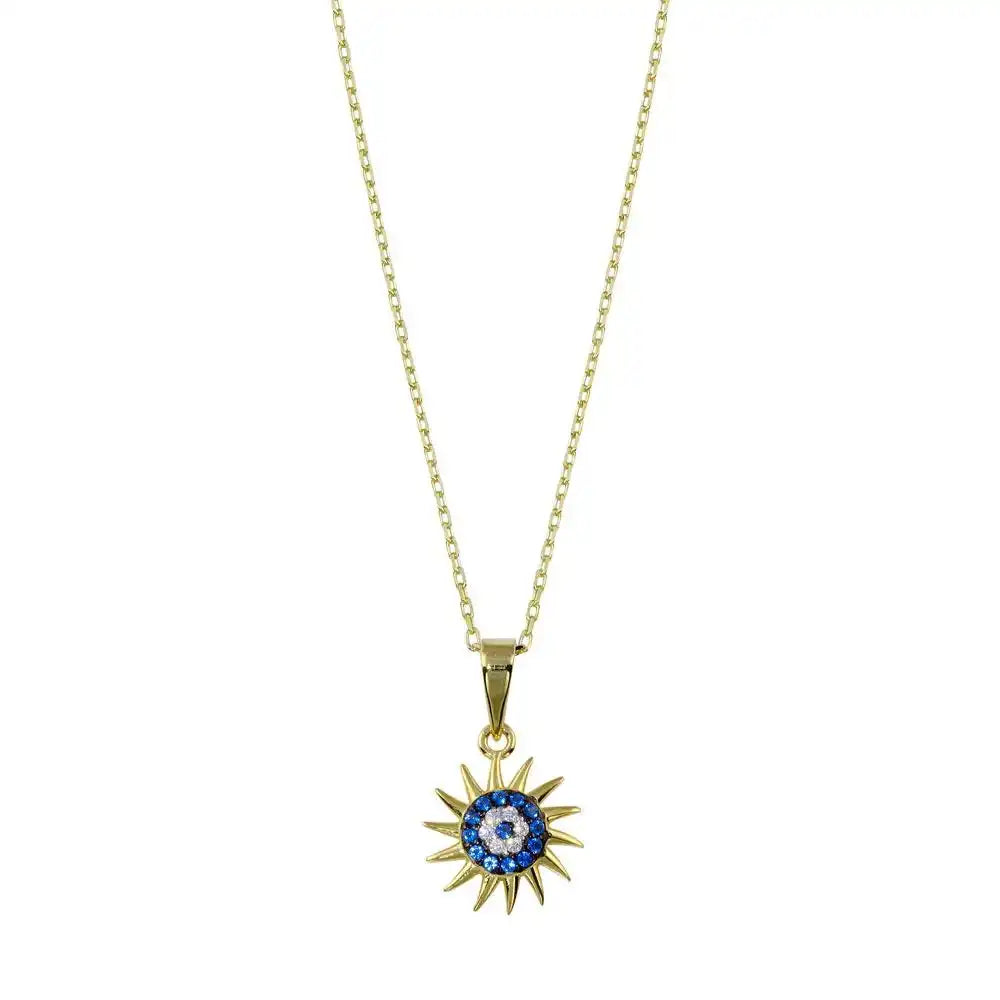 925 Sterling SilverGold Plated Clear Blue CZ Sun Evil Eye Necklace