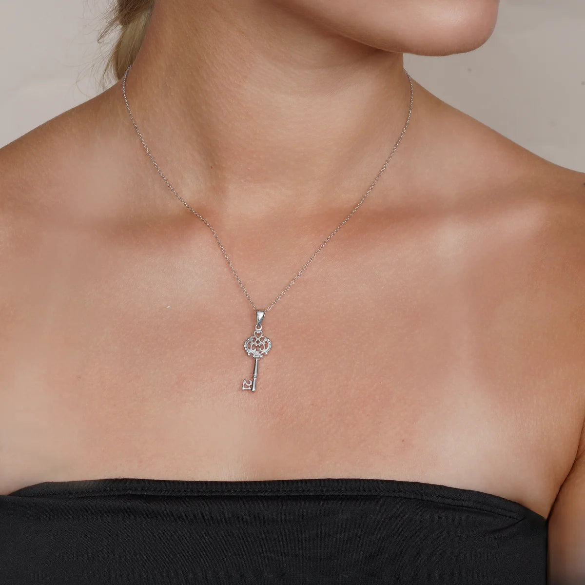 925 Sterling Silver Rhodium Plated Open Key CZ Necklace