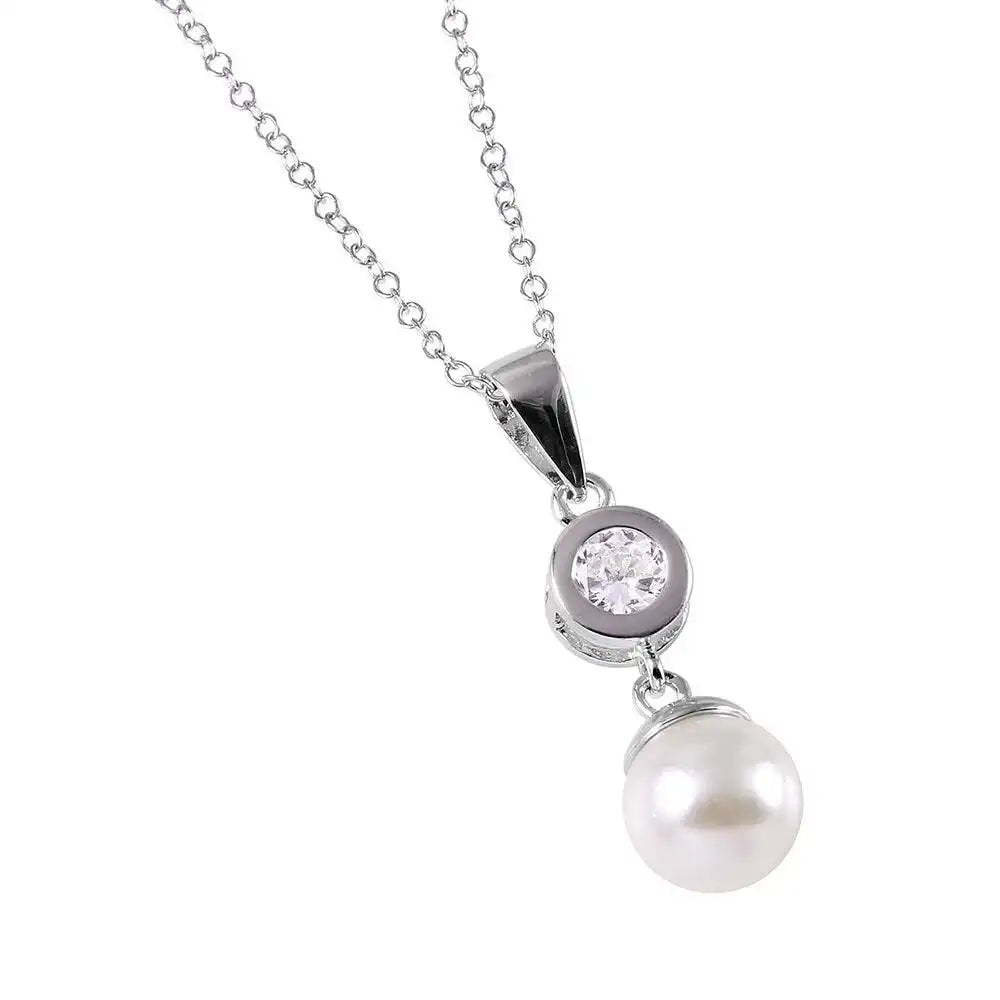925 Sterling Silver CZ and Synthetic Pearl Drop Necklace