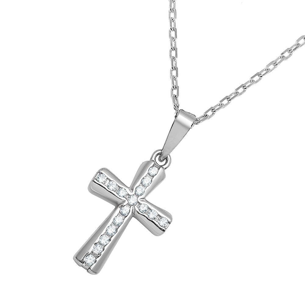 925 Sterling Silver Rhodium Plated Cross CZ Inlay Necklace