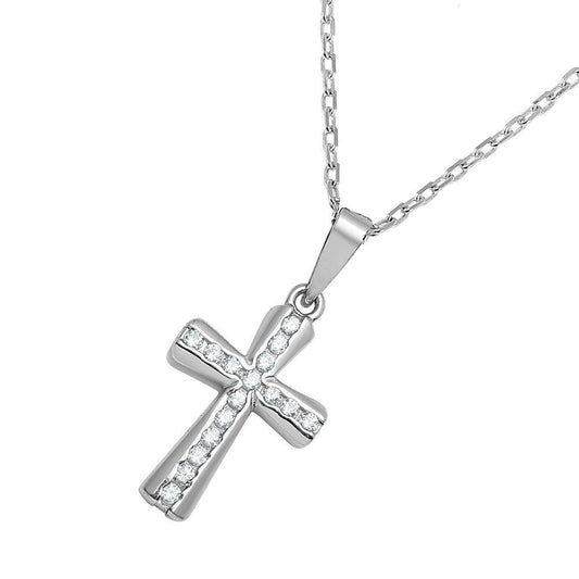 925 Sterling Silver Rhodium Plated Cross CZ Inlay Necklace