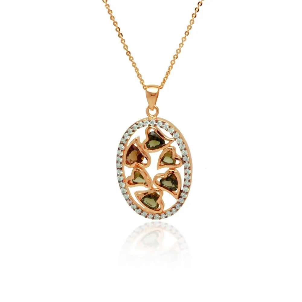 925 Silver Clearance-Rose Gold Plated Oval Multiple Heart Stones Outline CZ Necklace