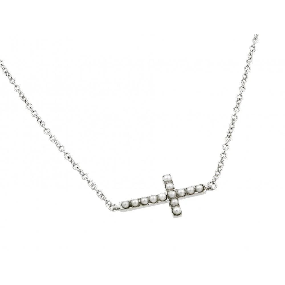 925 Silver Rhodium Plated Sideways Cross with Pearls Pendant Necklace