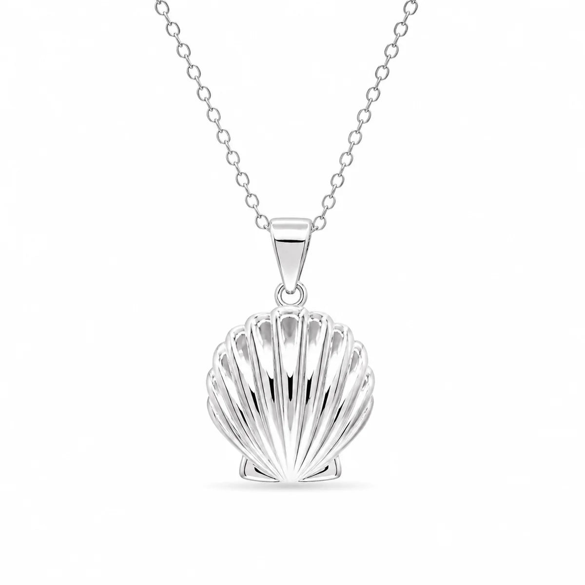 925 Silver Rhodium Plated Clear CZ Stone Clam Shell Pendant Necklace
