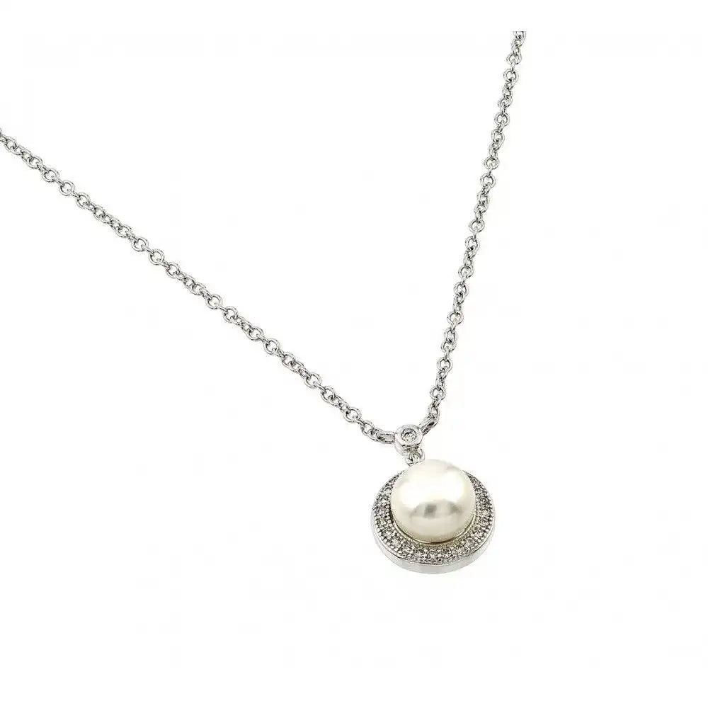 925 Sterling Silver Rhodium Plated Clear CZ Round Circle Fresh Water Pearl Necklace