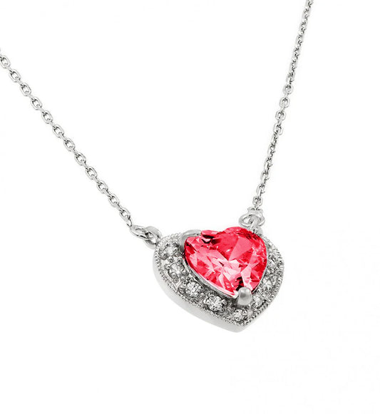 925 Sterling Silver Rhodium Plated CZ Heart Birthstone Necklace