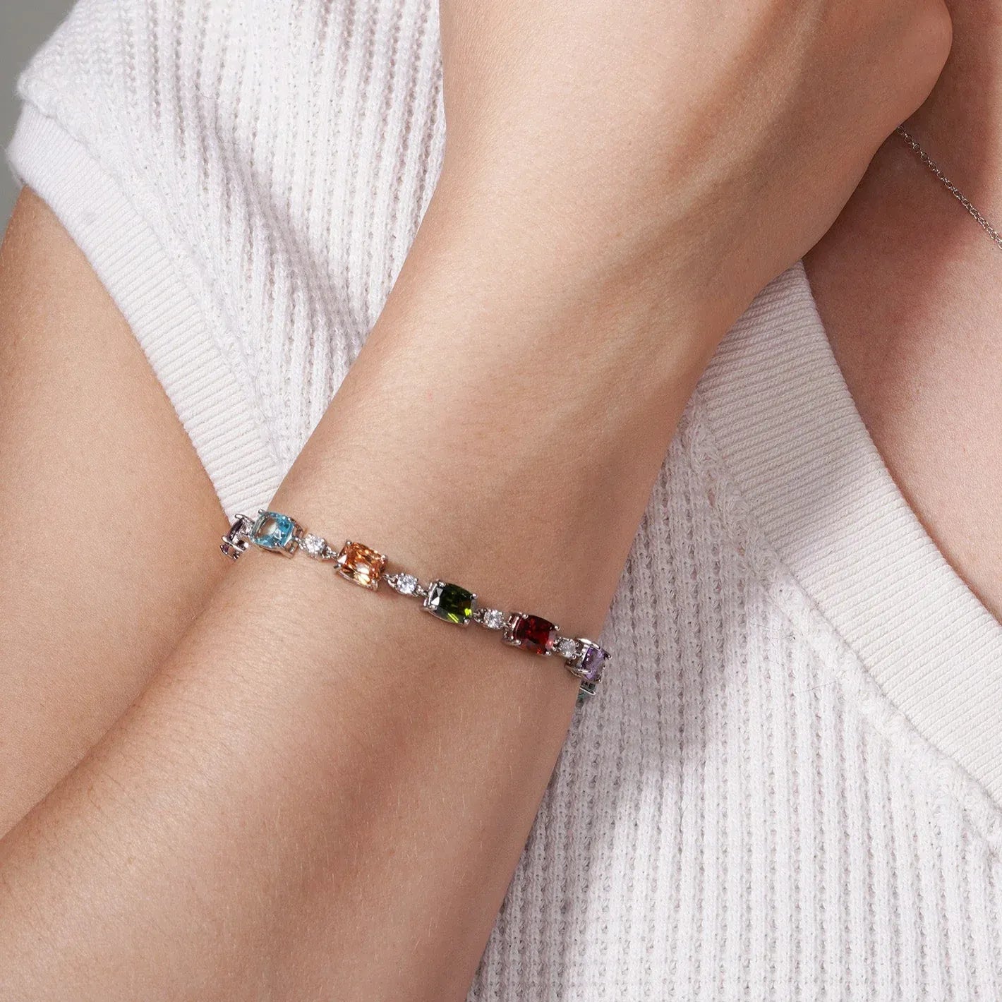 925 Sterling Silver Rhodium Plated Clear and Multi-Colored CZ Tennis Bracelet