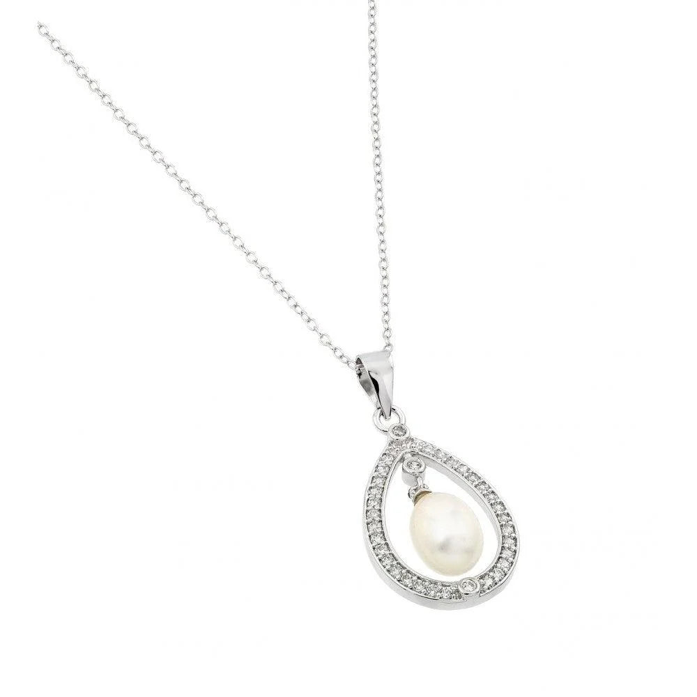 925 Silver Rhodium Plated Fresh Water Pearl Surrounded by Clear CZ Pendant Necklace