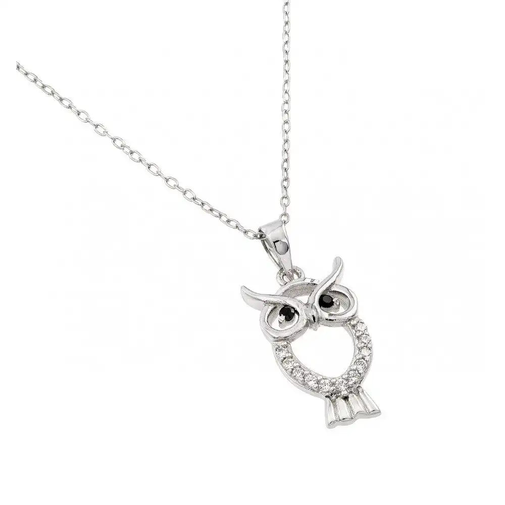 925 Sterling Silver Rhodium Plated Owl Pendant with CZ