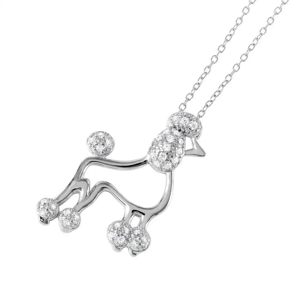 925 Sterling Silver Rhodium Plated CZ French Poodle Charm Necklace