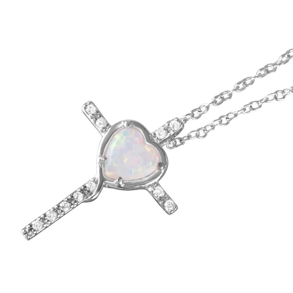 925 Sterling Silver Rhodium Plated Heart Opal Clear CZ Cross Pendant Necklace