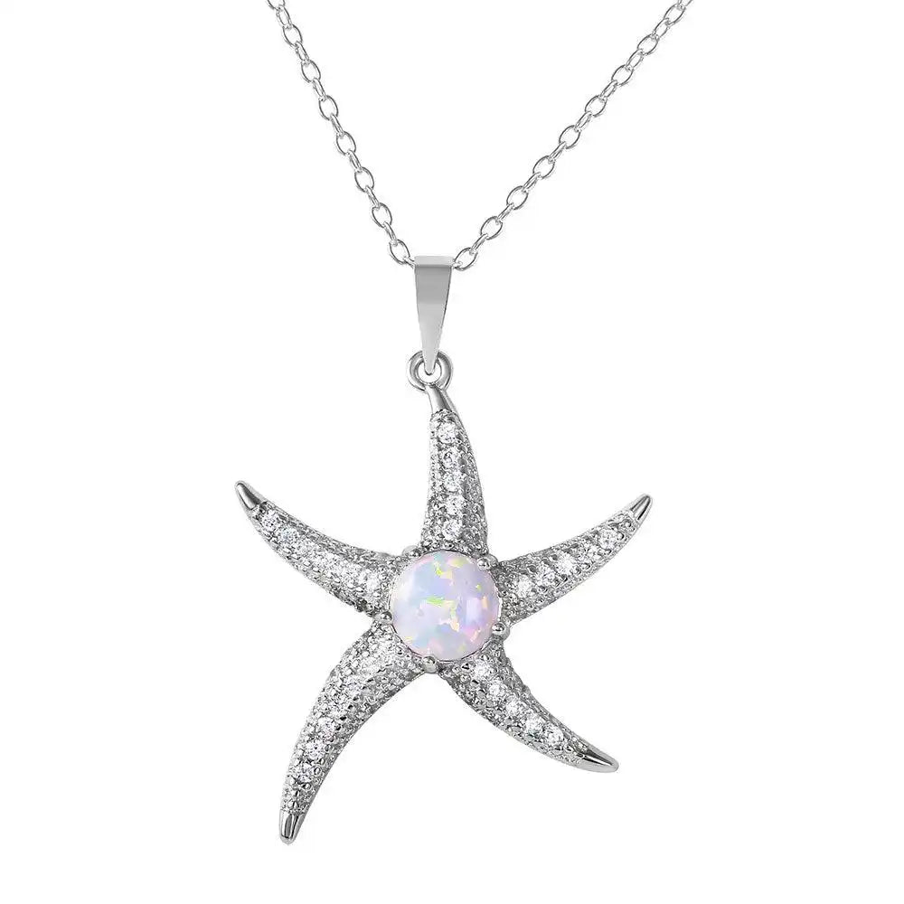 925 Sterling Silver Rhodium Plated CZ Starfish with White Center Stone Necklace