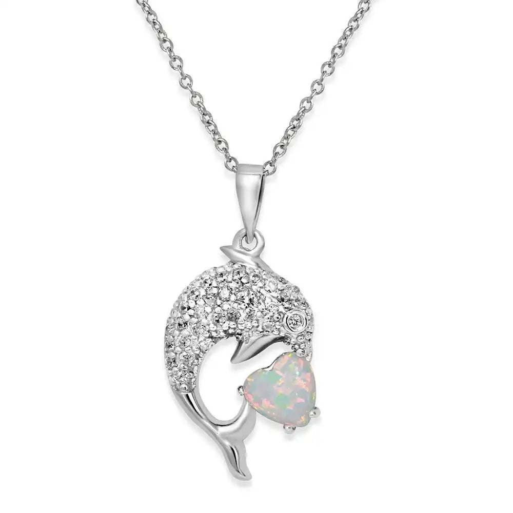 925 Sterling Silver Rhodium Plated CZ Dolphin Necklace with Synthetic Opal