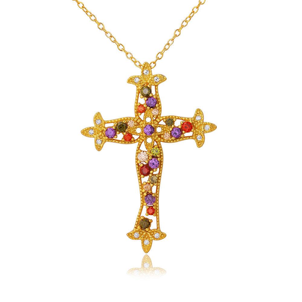 925 Silver Gold Plated Multi Color CZ Cross Necklace