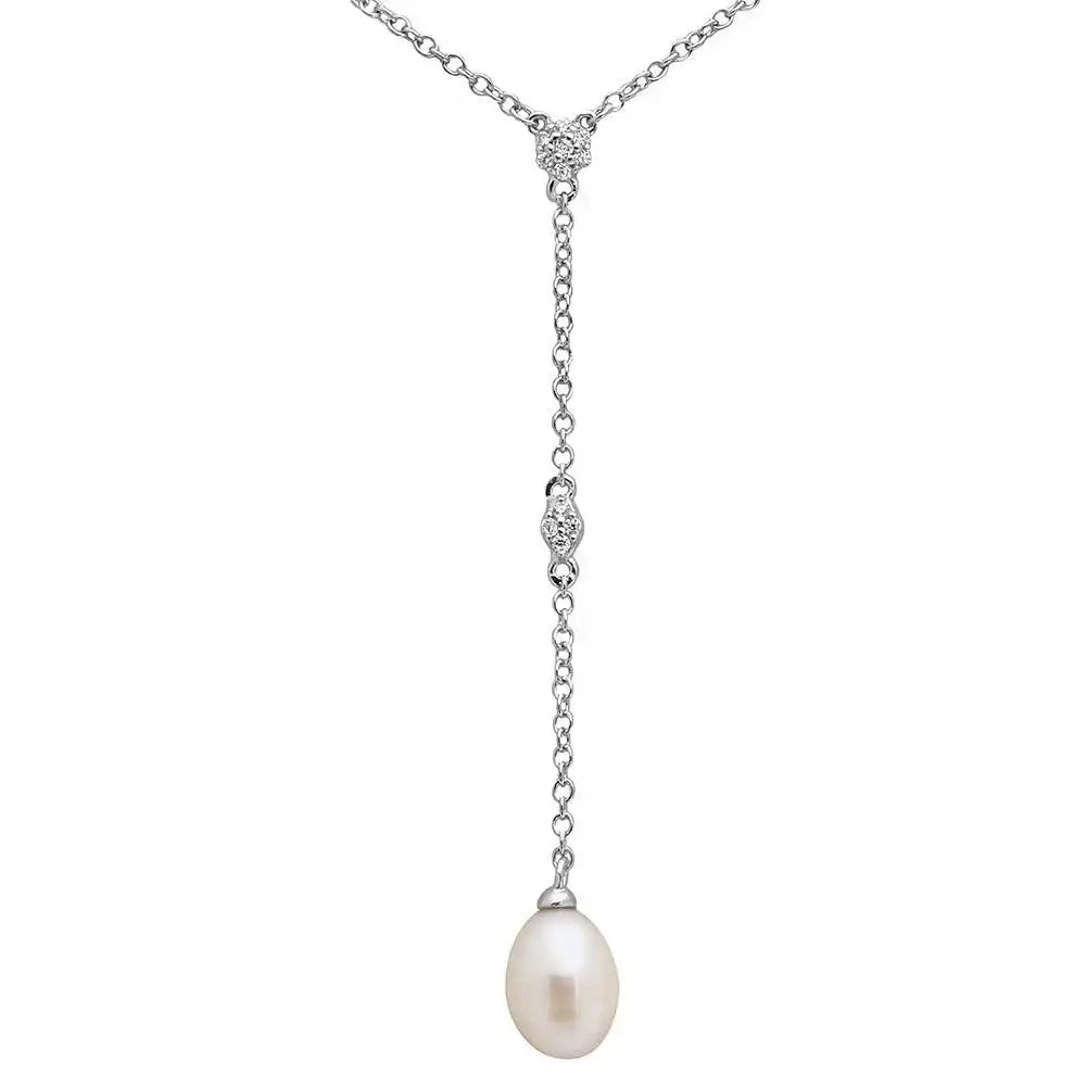 925 Sterling Silver Rhodium Plated CZ Drop Fresh Water Pearl Necklace
