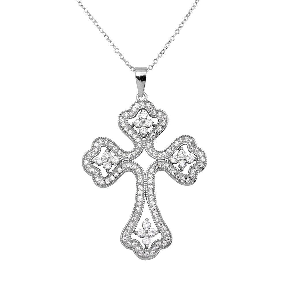 925 Sterling Silver Rhodium Plated CZ Encrusted Open Cross Necklace