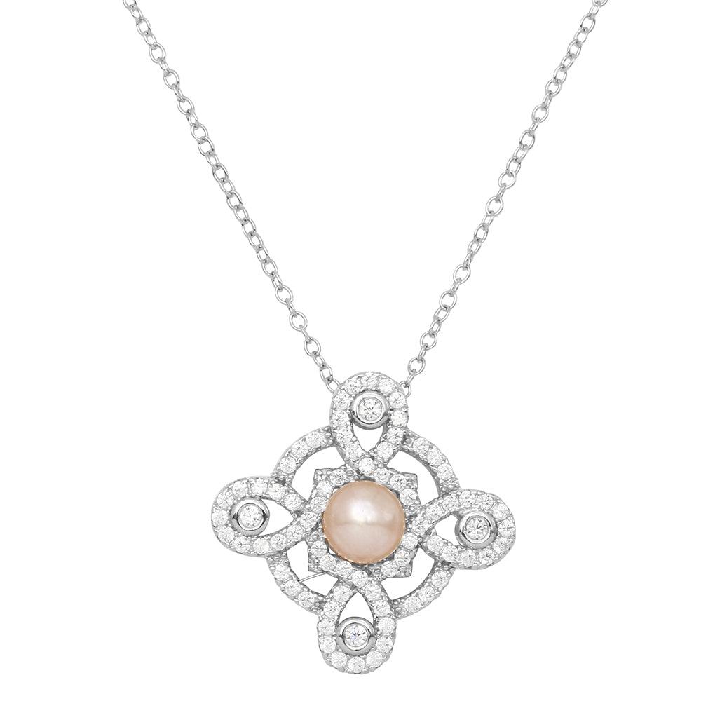 925 Sterling Silver Rhodium Plated CZ Encrusted Outline Cross with Fresh Water Pearl Necklace