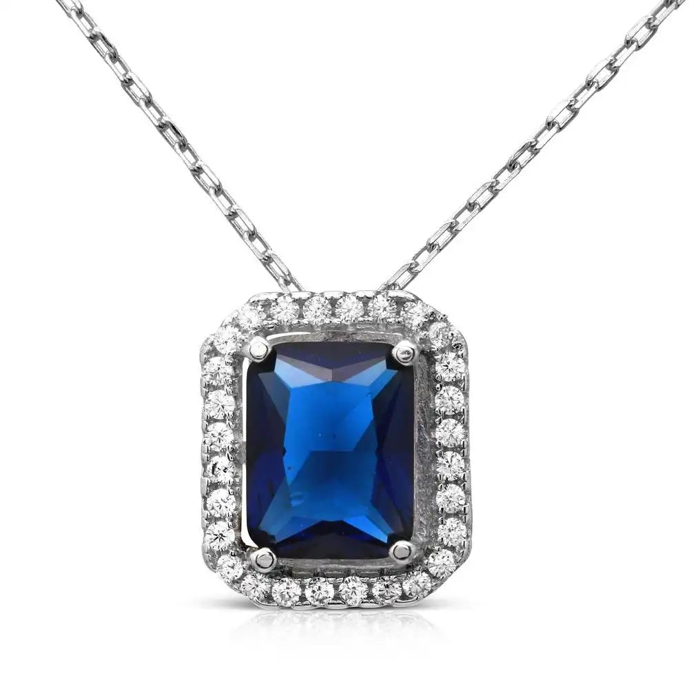 925 Sterling Silver Rhodium Plated Blue Square Halo Pendant