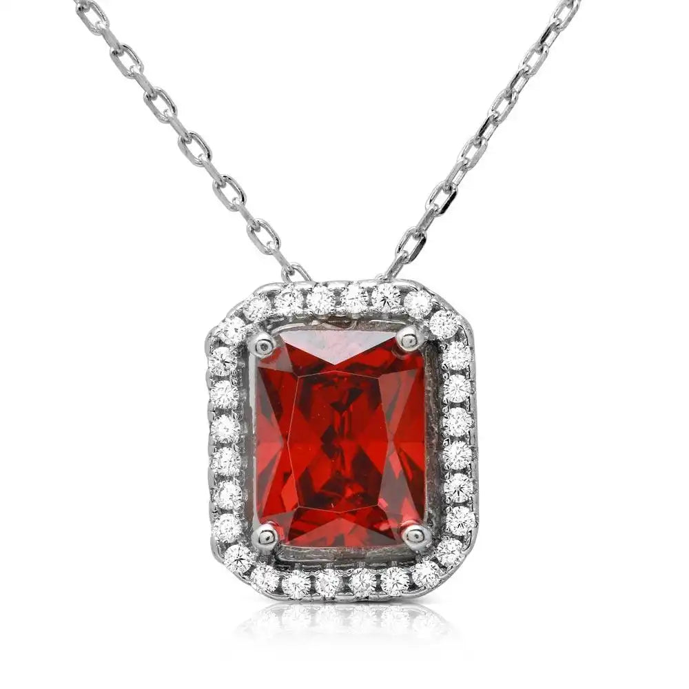 925 Sterling Silver Rhodium Plated Red Square Halo Pendant