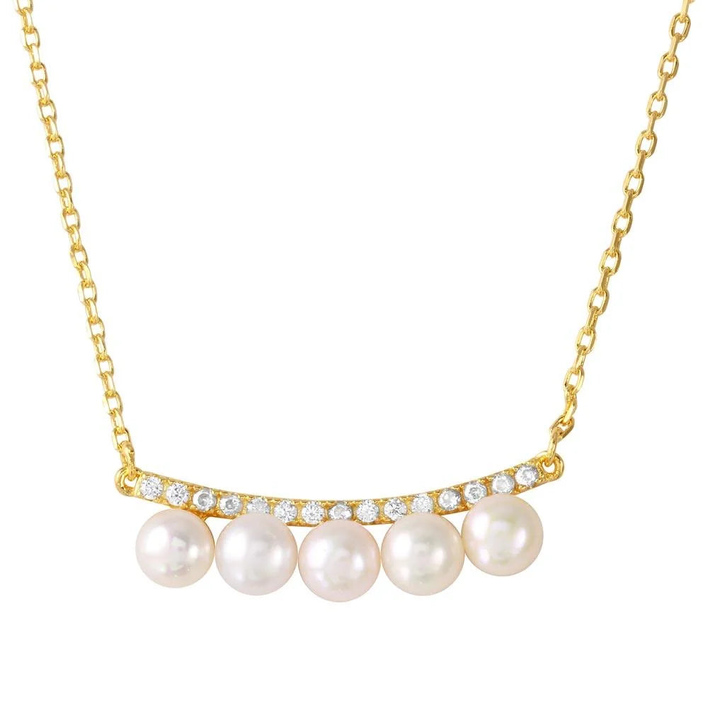 925 Sterling Silver Rhodium Plated Curved Bar with CZ and Hanging Fresh Mother of Pearl Necklace