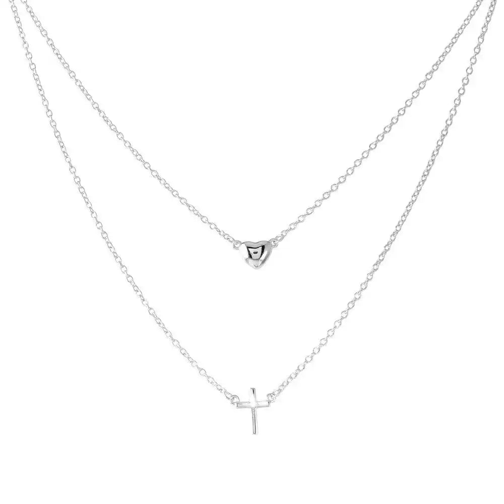 925 Sterling Silver Rhodium Plated Double Strand Heart and Cross Necklace